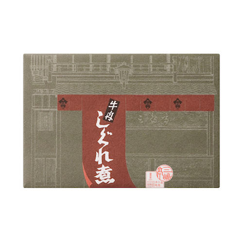 お店に赤い暖簾がかかった絵が描かれた三嶋亭の牛肉しぐれ煮のパッケージ