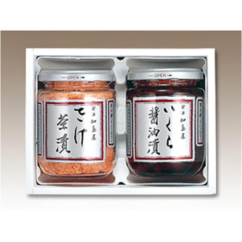 化粧箱にさけ茶漬といくら醤油漬が入った「新潟　加島屋」の「瓶詰詰合せ」