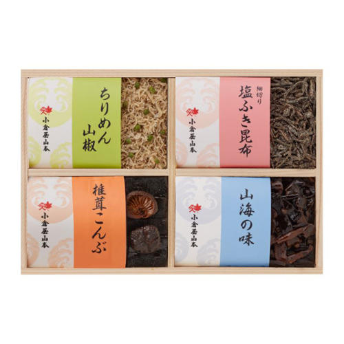 木箱に入ったちりめん山椒や椎茸こんぶなどの4種類の佃煮