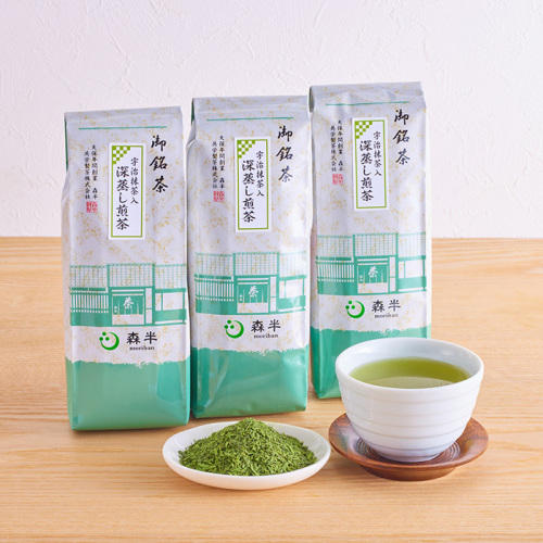 グリーンのパッケージに入った茶匠 森半の「宇治抹茶入り深蒸し煎茶 600g(200g×3)」