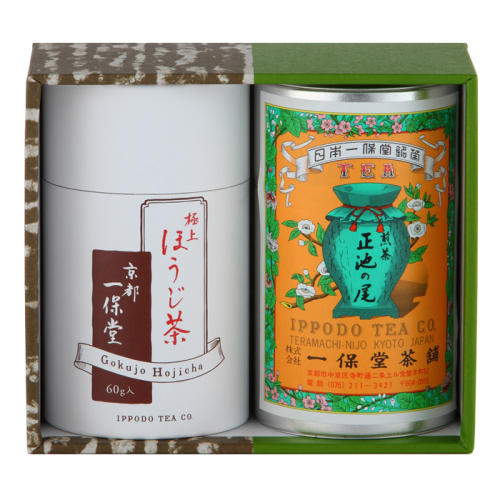 茶色とグリーンの箱に入った一保堂茶舗の「煎茶正池の尾・極上ほうじ茶詰合せ」