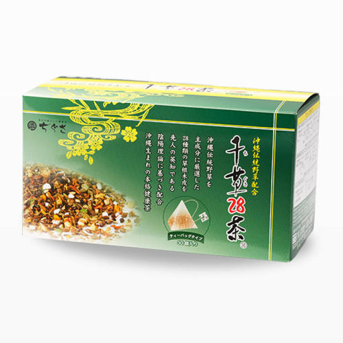 千草物産の千草28茶 ティーバッグタイプの緑色の箱