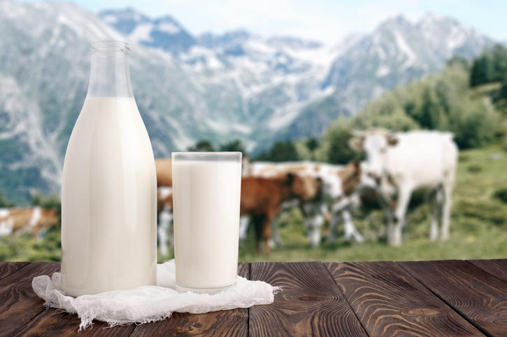 牛乳瓶と牛、広大な山々