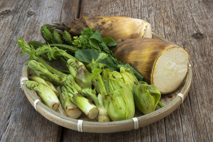 かごの上に盛られたたけのこや山菜類