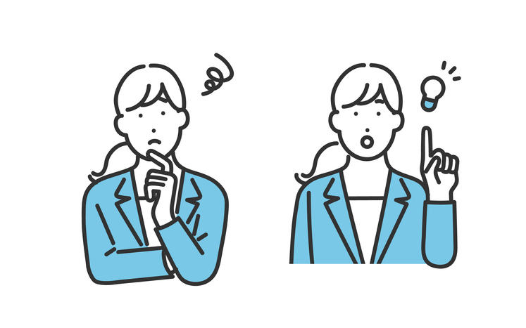 悩んでいる人とひらめいた人のイラスト