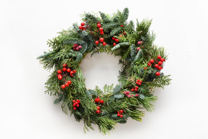 赤い実をつけたセイヨウヒイラギのクリスマスリース