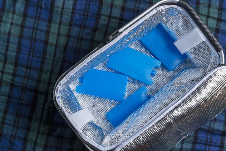 保冷バックのなかに保冷剤を入れている