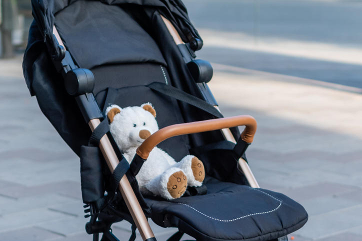 ベビーカーにクマがのっている様子