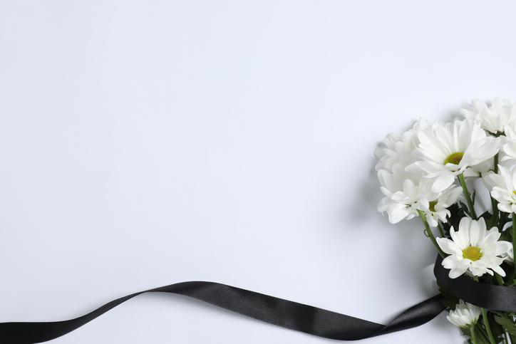 白い背景に菊の花と黒いリボンが置かれている様子