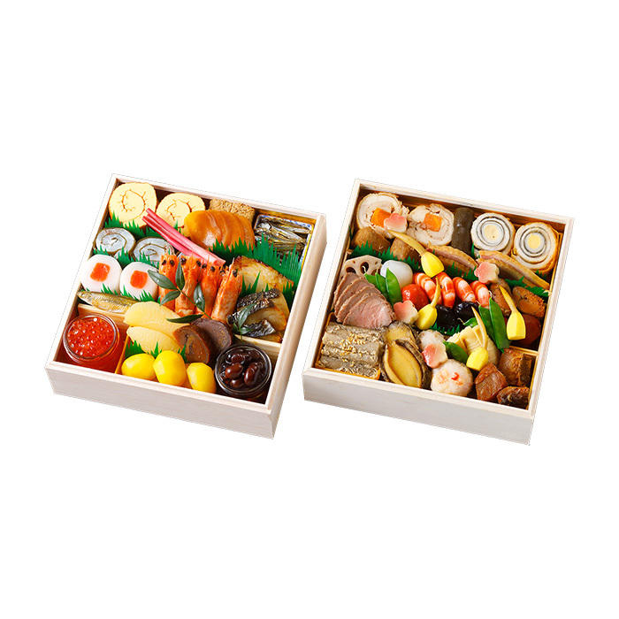 2段の重箱に色とりどりの料理を詰めた「魚三楼」のおせち料理「和風 魚三楼-552」