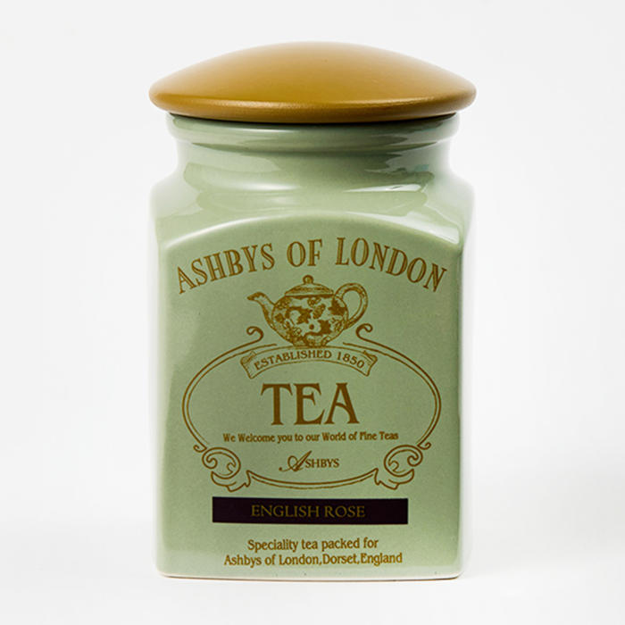 アシュビィズオブロンドンのイングリッシュローズの陶器製キャディが置かれている