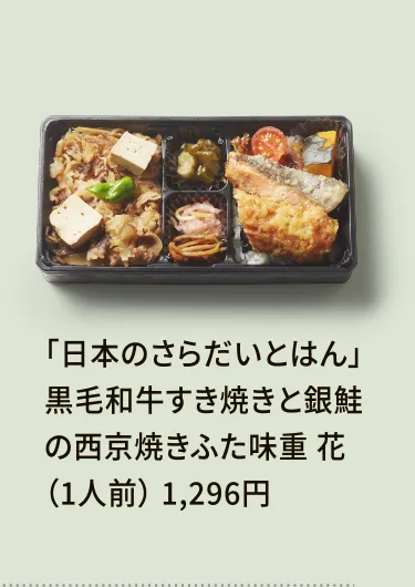 「日本のさらだいとはん」黒毛和牛すき焼きと銀鮭の西京焼きふた味重 花（1人前） 1,296円