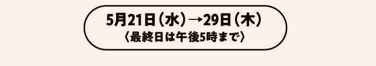 5月21日（水）→29日（木）〈最終日は午後5時まで〉
